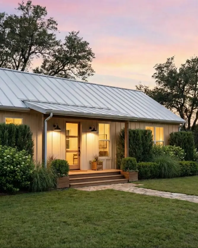 26 Small Ranch-Style House Ideas for Timeless Modern Living 8 Evening view of a small Ranch-style house with beige siding, metal roof, and warm exterior lighting on the porch.