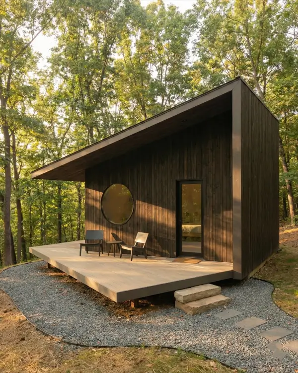 18 Scandinavian Cabin Design Ideas for Warm, Minimal Living 10 Compact modern Scandinavian cabin studio with dark siding, a sharp shed roof, and a playful round window in the woods.