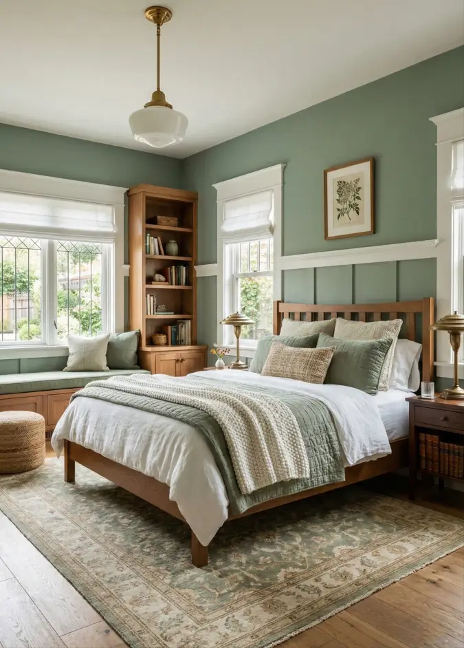 26 Craftsman Home Interior Ideas for Timeless Charm and Modern Living 9 Serene Craftsman Retreat Craftsman style interior bedroom featuring sage green board-and-batten wainscoting and a Mission bed.