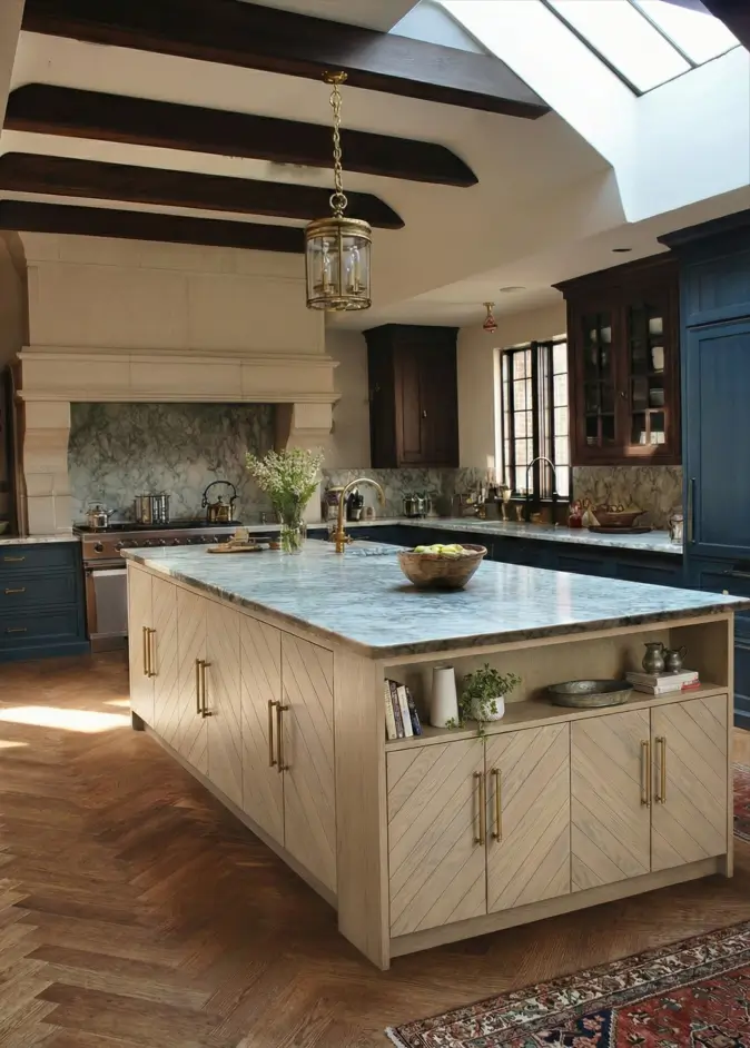 34 Modern Tudor Kitchen Ideas: Old-World Charm, New Appeal 9 Bright kitchen featuring a large light wood island with chevron paneling, skylights, and dark blue perimeter cabinets.