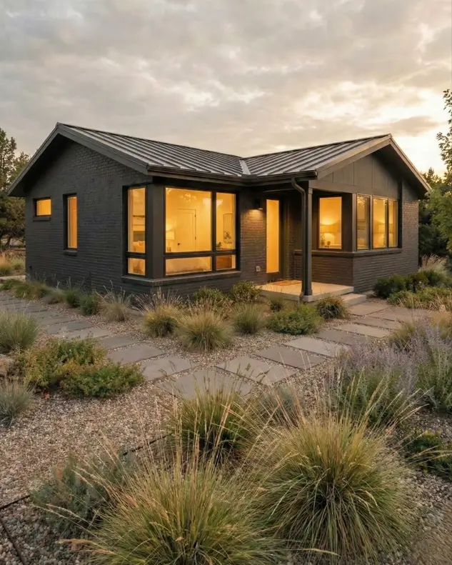 26 Small Ranch-Style House Ideas for Timeless Modern Living 9 Dark charcoal brick exterior of a modernized small Ranch house design with large windows and a matching metal roof.