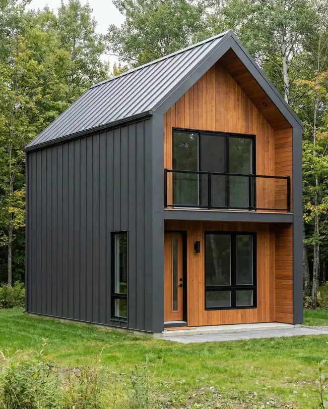 33 Small Scandinavian House Ideas That Prove Less Is More 9 Vertical metal chalet with a protective corrugated steel shell wrapping a warm cedar balcony.