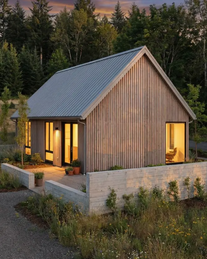 33 Small Scandinavian House Ideas That Prove Less Is More 10 Enclosed courtyard cottage with vertical timber cladding and a low concrete wall at dusk.