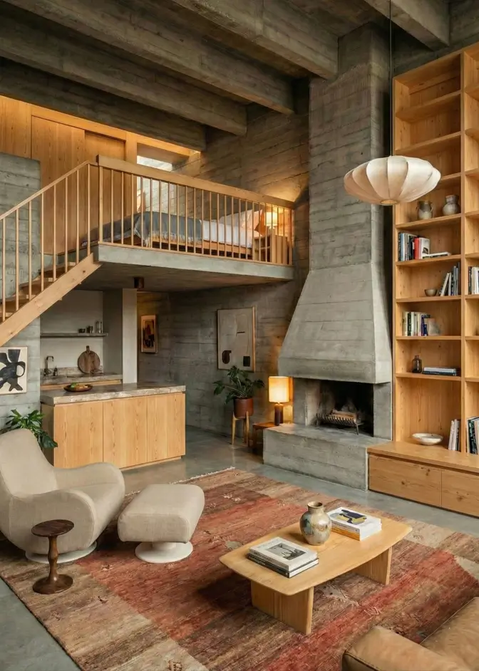 38 Modern Brutalist Interior Design Ideas for a Raw, Livable Sanctuary 10 Double-height living space displaying the béton brut aesthetic with a massive concrete fireplace and timber shelves.