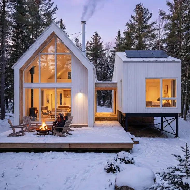 18 Scandinavian Cabin Design Ideas for Warm, Minimal Living 11 Modern Scandinavian cabin design connecting living and sleeping volumes via a breezeway with an outdoor fire pit.