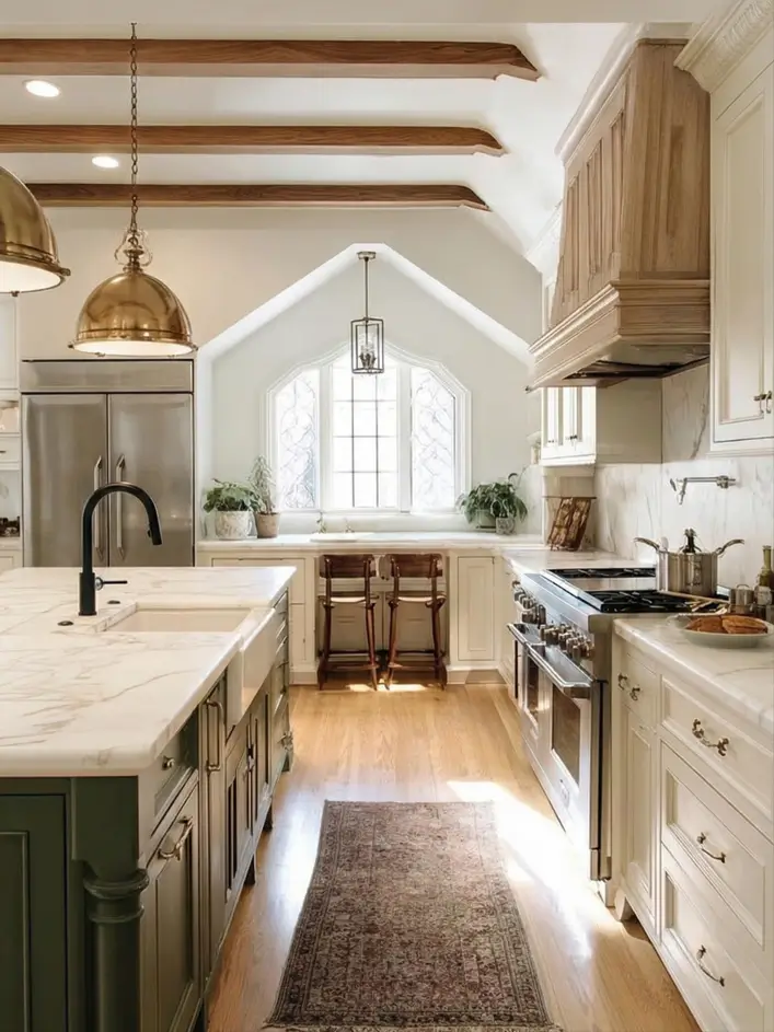 34 Modern Tudor Kitchen Ideas: Old-World Charm, New Appeal 10 Bright kitchen featuring a large arched diamond-pane window, green island with marble top, and wood beams on a sloped ceiling.