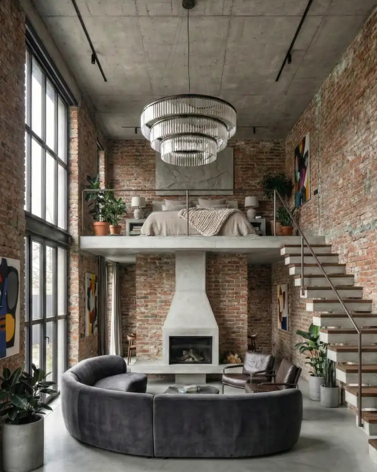 38 Modern Brutalist Interior Design Ideas for a Raw, Livable Sanctuary 11 Loft apartment blending contemporary structural design with raw concrete ceilings and a crystal chandelier.