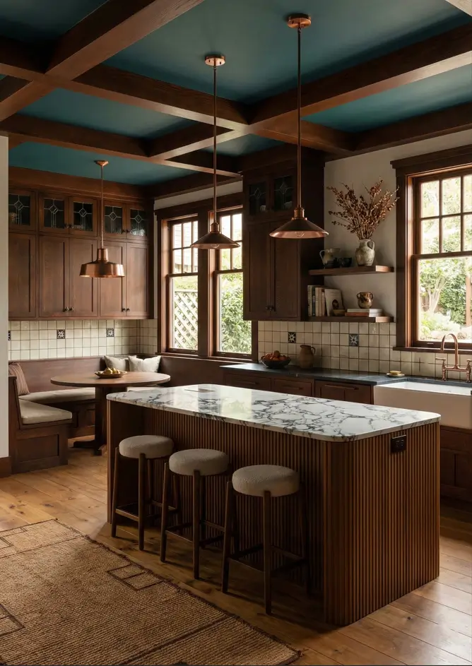 26 Craftsman Home Interior Ideas for Timeless Charm and Modern Living 11 Painted Ceiling Detail Modern Craftsman interior kitchen featuring a teal painted coffered ceiling and fluted island.