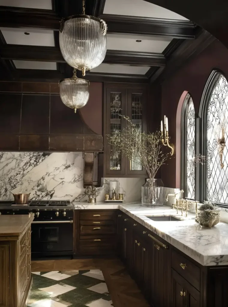 34 Modern Tudor Kitchen Ideas: Old-World Charm, New Appeal 11 Moody kitchen featuring Gothic arched windows, dark cabinetry, checkered marble floor, and ribbed glass pendant lights.