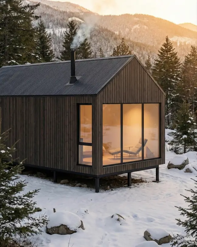 18 Scandinavian Cabin Design Ideas for Warm, Minimal Living 12 Nordic architectural retreat featuring a full-height glass wall and dark timber siding framing snowy mountain views.