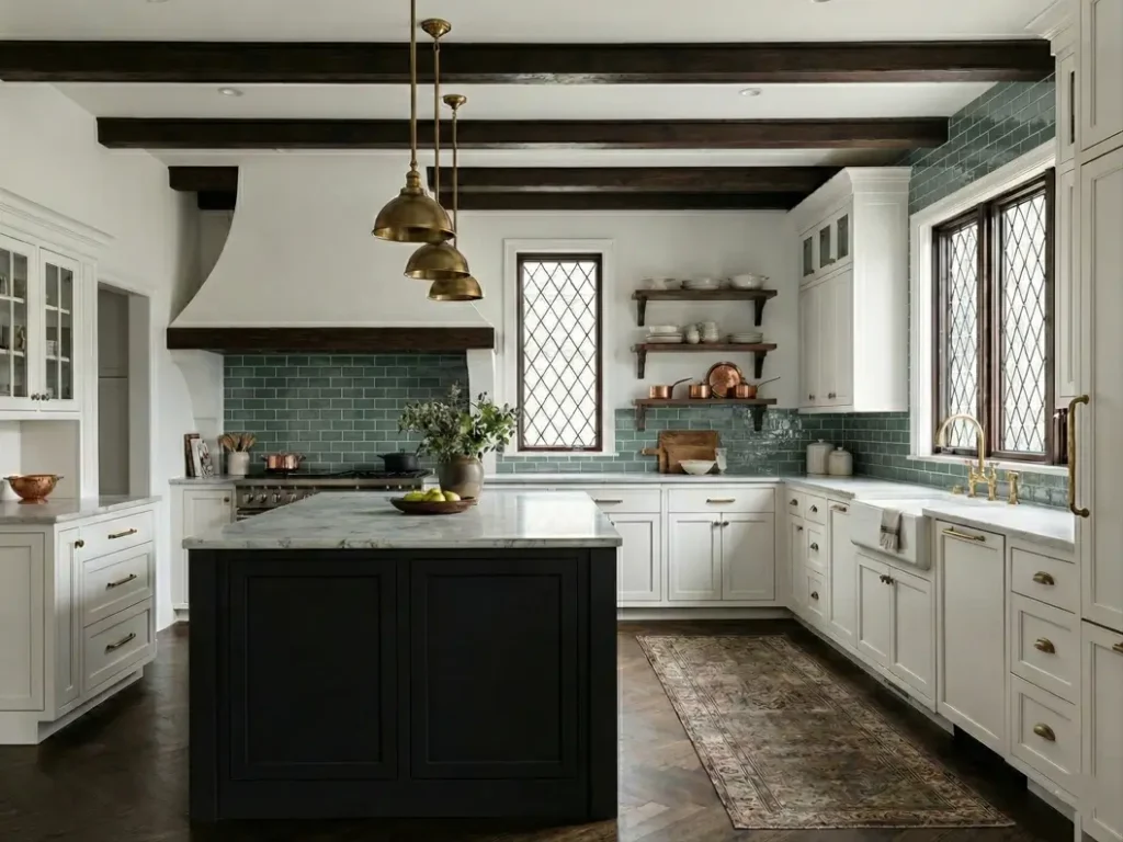 34 Modern Tudor Kitchen Ideas: Old-World Charm, New Appeal 64 Expansive modern Tudor kitchen featuring a statement arched window, sage green island with marble countertop, and rustic timber beams.