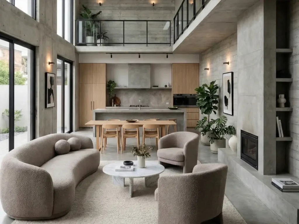 38 Modern Brutalist Interior Design Ideas for a Raw, Livable Sanctuary 12 Feature image illustrating the Soft Brutalism trend for 2026, balancing architectural honesty through raw board-formed concrete and exposed steel with warm lighting, biophilic elements, and tactile textiles to create a grounded, livable sanctuary.