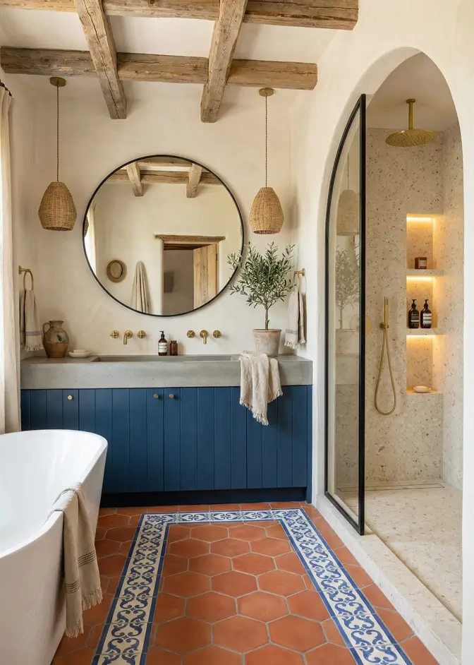 30 Mediterranean Bathroom Ideas for a Modern Coastal Escape 3 Rustic Terracotta Foundations Spacious Mediterranean bathroom featuring hexagonal terracotta floor tiles, a deep blue vanity, and exposed wooden ceiling beams.