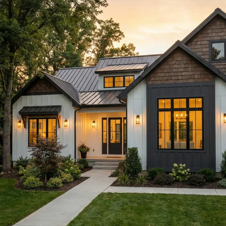 26 House with Board and Batten Siding Ideas for a Timeless Exterior 3 Modern board and batten exterior featuring white siding mixed with cedar shakes and dark gray accents.