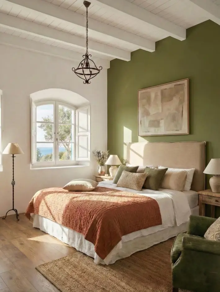 26 Modern Mediterranean Bedroom Ideas That Feel Calm, Warm, and Effortless 3 Modern Mediterranean bedroom featuring an olive green accent wall and warm terracotta bedding under a white beamed ceiling.