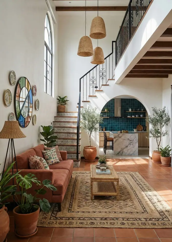 27 Modern Mediterranean Interior Design Ideas That Feel Effortlessly Chic 3 Double-height modern Mediterranean interior design living room with warm terracotta flooring and a deep teal tiled kitchen archway.