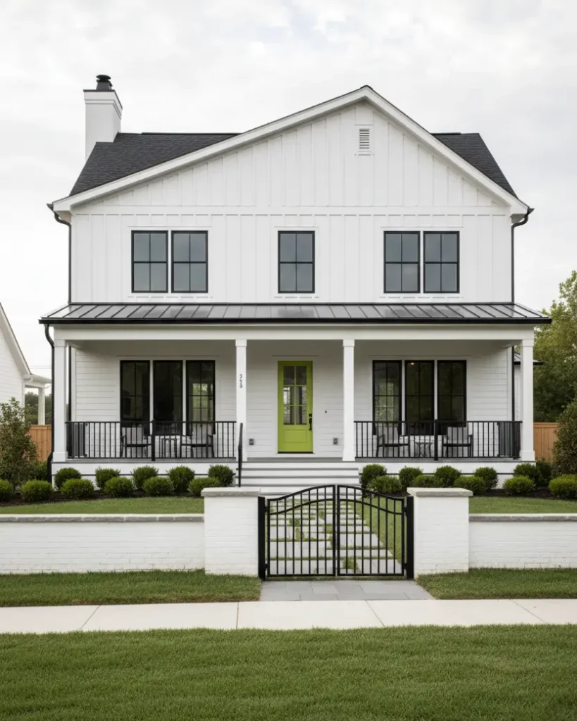 White Farmhouse With Black Trim: 34 Ideas for a Timeless Exterior 3 Two-story white farmhouse with black trim, vertical siding, and a vibrant lime green front door.