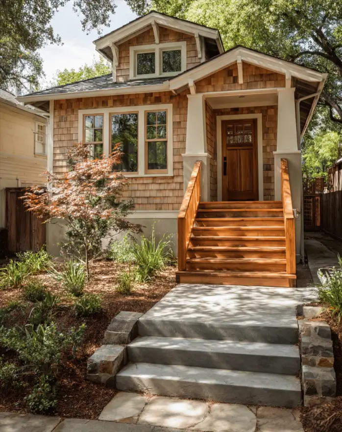 35 Small Craftsman House Ideas for Timeless Charm & Modern Living 3 Small Craftsman house with natural cedar shingles and a welcoming wood porch.