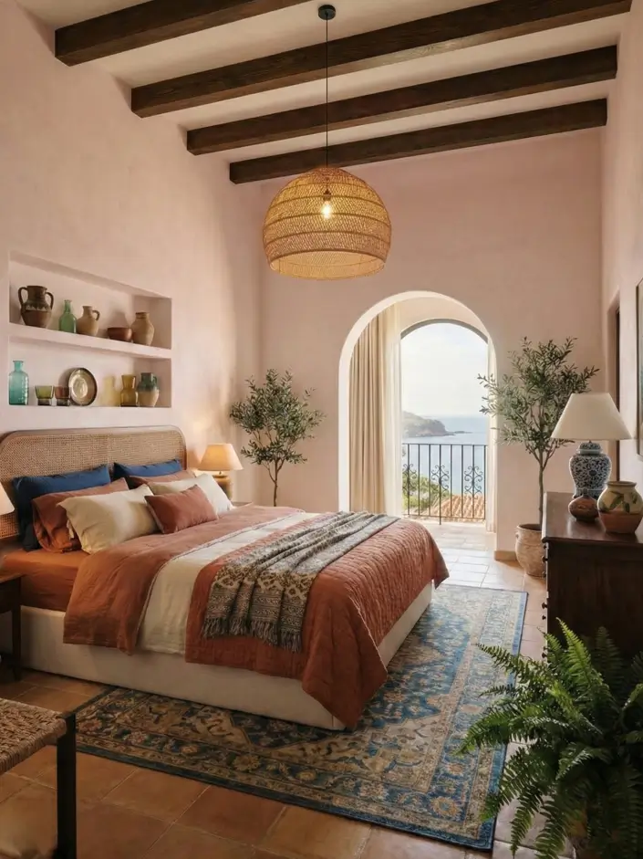 27 Modern Mediterranean Interior Design Ideas That Feel Effortlessly Chic 12 Dreamy bedroom design with blush lime-wash walls, dark timber beams, and built-in niches displaying artisanal pottery.