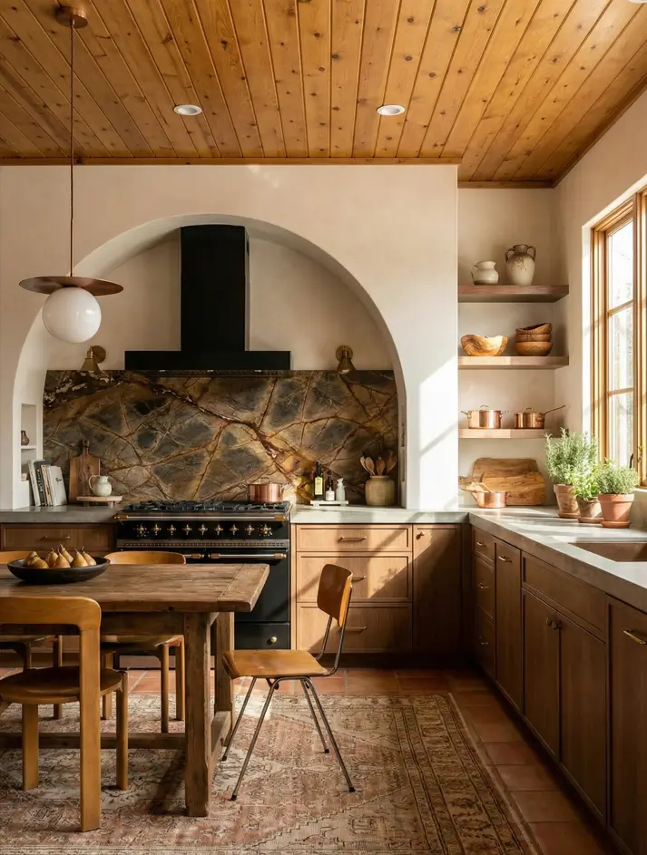 30 Mediterranean Kitchen Ideas for a Warm, Coastal Escape 12 Mediterranean kitchen design featuring a wood plank ceiling, arched cooking niche with dark stone backsplash, and vintage rug on terracotta floors.