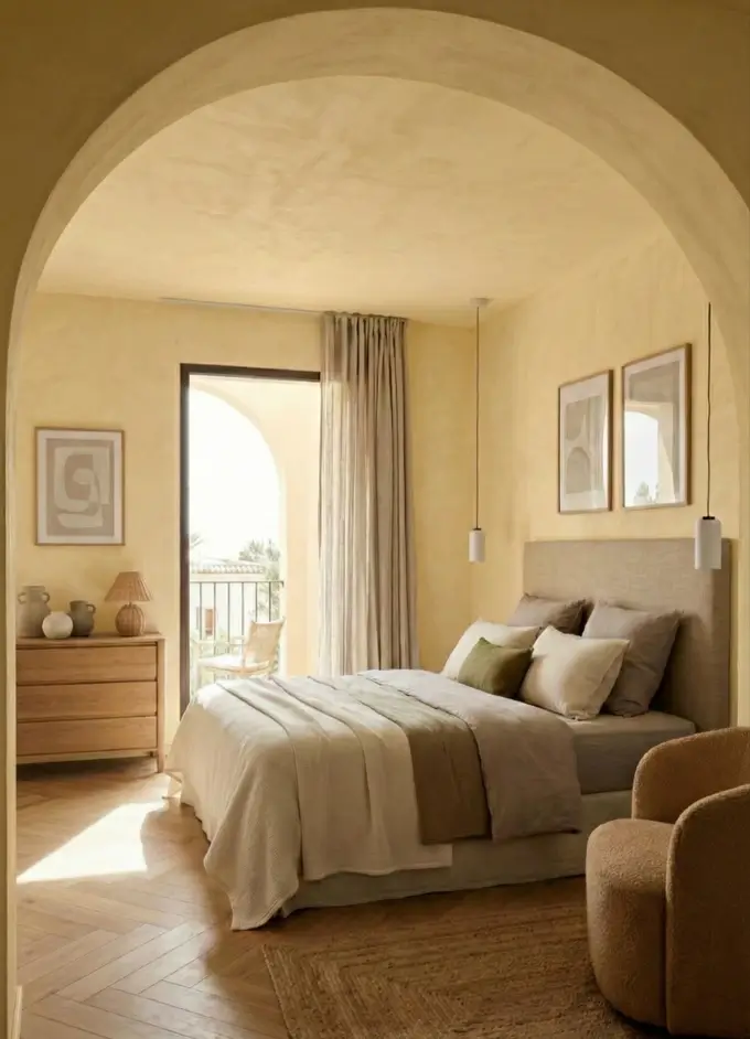 26 Modern Mediterranean Bedroom Ideas That Feel Calm, Warm, and Effortless 12 Monochromatic ochre plaster walls and herringbone wood floors in a minimalist Mediterranean bedroom.