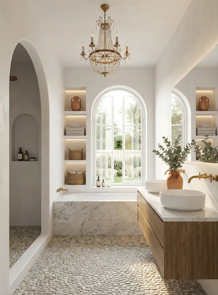30 Mediterranean Bathroom Ideas for a Modern Coastal Escape 13 Elegant Pebble Foundation Mediterranean style bathroom with seamless river rock flooring and a marble-clad bathtub under an arched window.