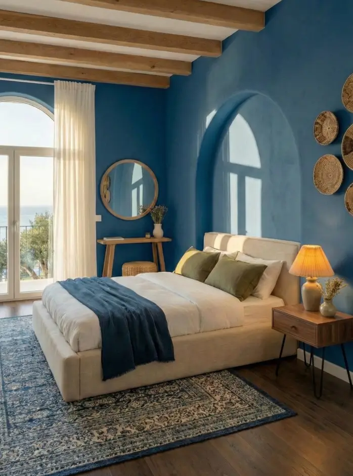 26 Modern Mediterranean Bedroom Ideas That Feel Calm, Warm, and Effortless 13 Bold Aegean blue walls and woven wall baskets in a Greek-inspired Mediterranean bedroom decor idea.