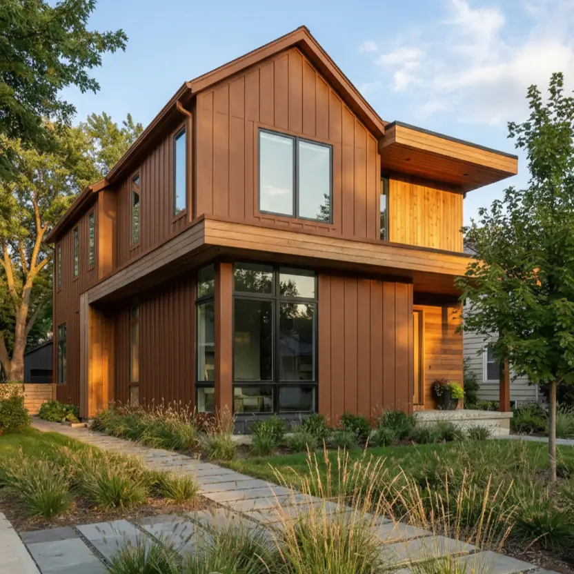 26 House with Board and Batten Siding Ideas for a Timeless Exterior 13 Modern two-story house with rich brown board and batten siding and large black windows.