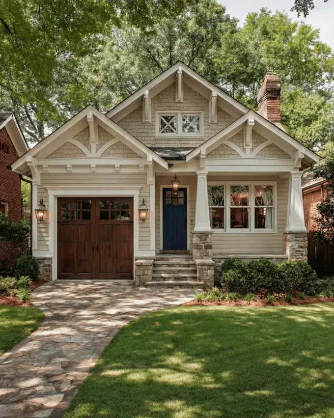 35 Small Craftsman House Ideas for Timeless Charm & Modern Living 13 Small Craftsman house with white gable trusses and taupe cedar shakes.