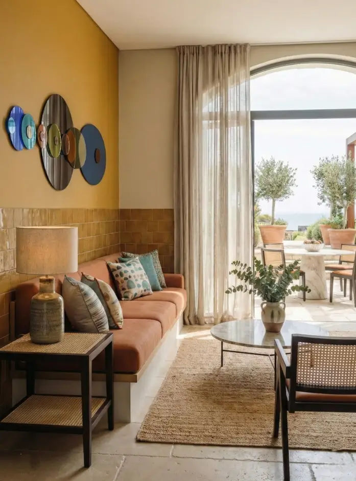 27 Modern Mediterranean Interior Design Ideas That Feel Effortlessly Chic 14 Indoor-outdoor living space with glossy ochre tiled walls, a rust velvet sofa, and linen curtains framing the sea view.