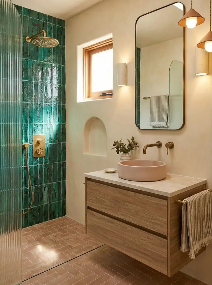 30 Mediterranean Bathroom Ideas for a Modern Coastal Escape 14 Emerald Zellige Accent Modern Mediterranean bathroom idea with deep emerald vertical tiles, a soft pink vessel sink, and a fluted glass partition.