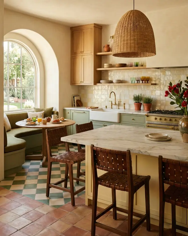 30 Mediterranean Kitchen Ideas for a Warm, Coastal Escape 14 Mediterranean kitchen idea featuring a sage green curved banquette, checkered green floor tiles, and a large woven pendant light.