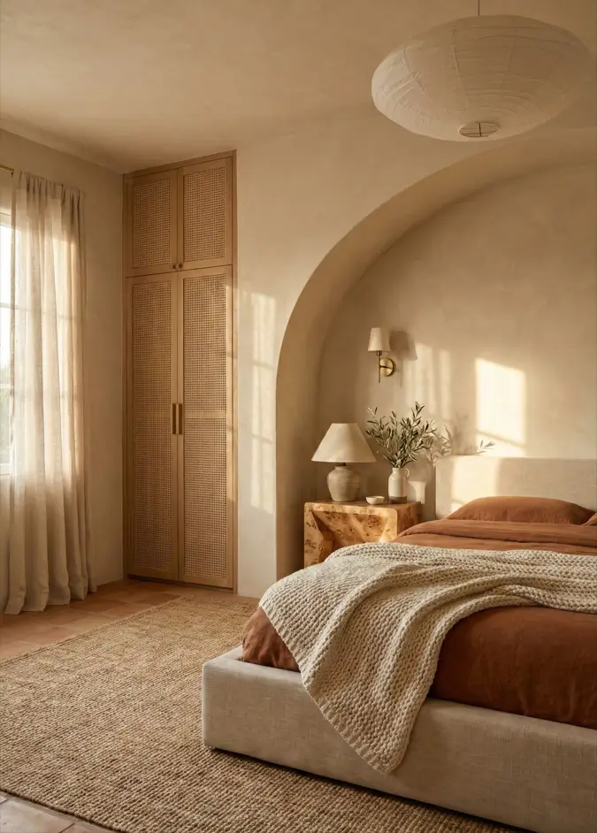 26 Modern Mediterranean Bedroom Ideas That Feel Calm, Warm, and Effortless 14 Floor-to-ceiling cane wardrobe doors and terracotta tiles in a seamless modern Mediterranean bedroom.