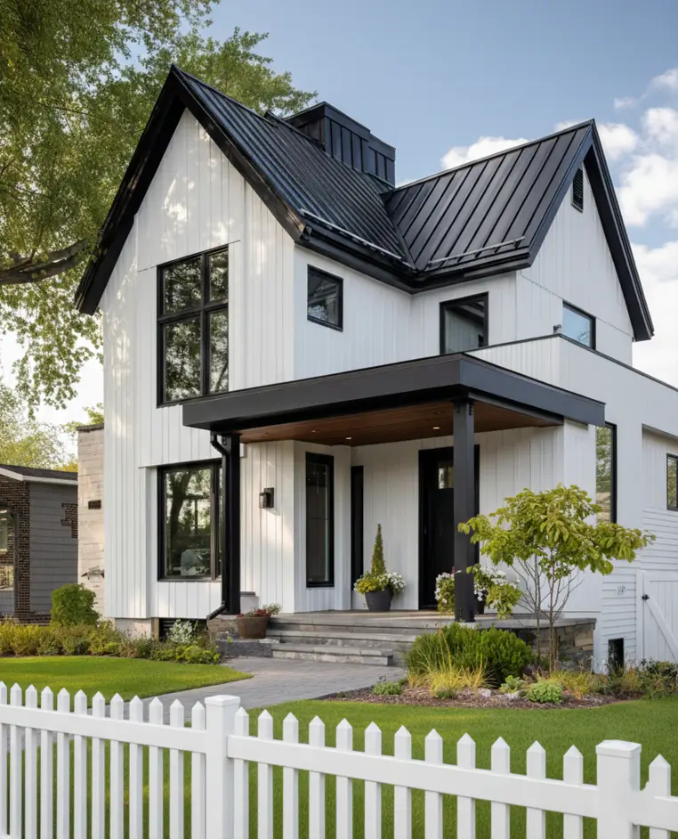 White Farmhouse With Black Trim: 34 Ideas for a Timeless Exterior 14 Steep gables and a flat black porch roof creating a modern silhouette on a white house with black trim.