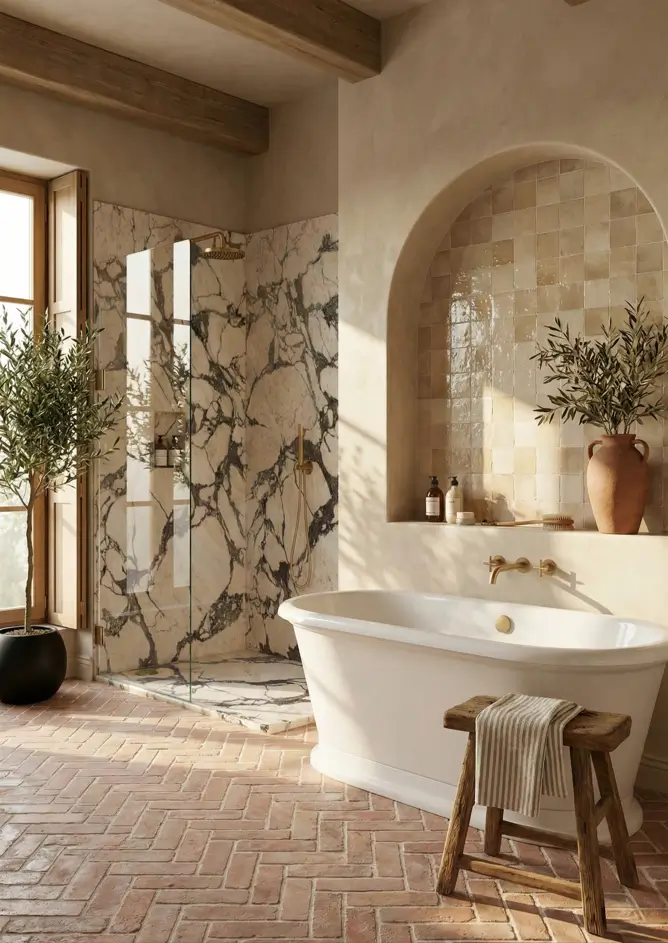 30 Mediterranean Bathroom Ideas for a Modern Coastal Escape 15 Dramatic Marble Contrast Luxurious bathroom featuring a bold marble slab walk-in shower paired with warm terracotta herringbone flooring.