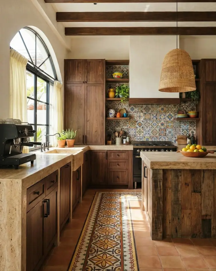 30 Mediterranean Kitchen Ideas for a Warm, Coastal Escape 15 Mediterranean kitchen design featuring dark wood cabinets, colorful patterned tile backsplash, floor tile inlay, and thick stone countertops.