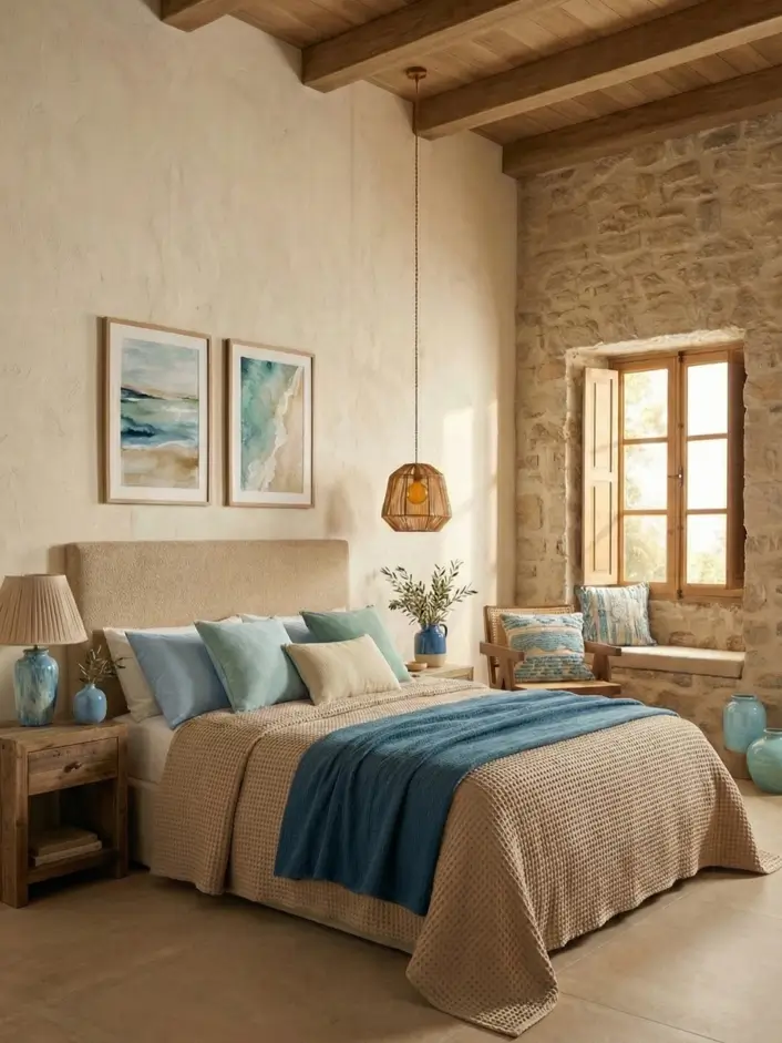 26 Modern Mediterranean Bedroom Ideas That Feel Calm, Warm, and Effortless 15 Rugged stone accent wall paired with soft blue linens and a window seat in a Mediterranean bedroom.
