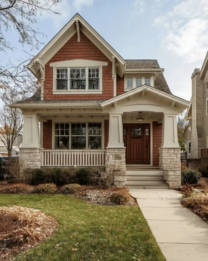 35 Small Craftsman House Ideas for Timeless Charm & Modern Living 15 Small Craftsman house with terracotta shingles and white columns.