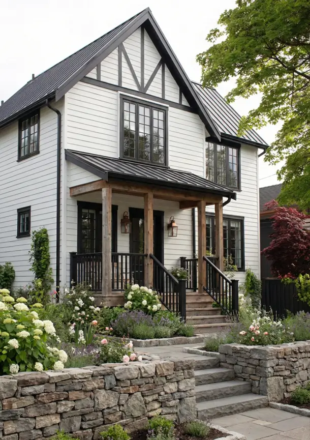 White Farmhouse With Black Trim: 34 Ideas for a Timeless Exterior 15 Tudor-style timbering on the upper gable of a white farmhouse with black trim.