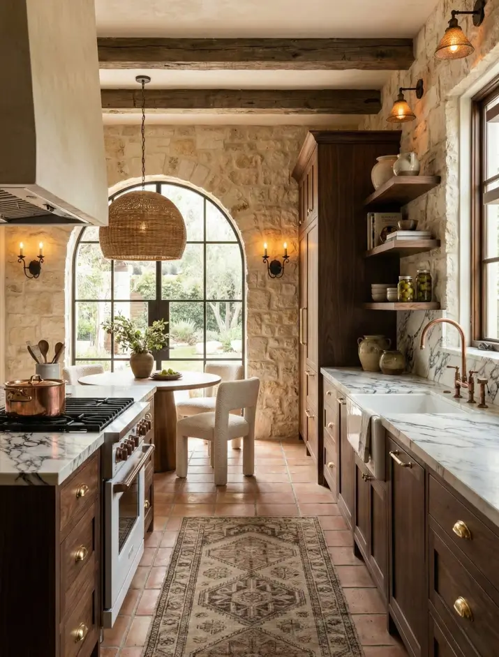 30 Mediterranean Kitchen Ideas for a Warm, Coastal Escape 16 Mediterranean kitchen design featuring exposed stone walls, dark walnut cabinets, marble countertops, and a large arched metal window.