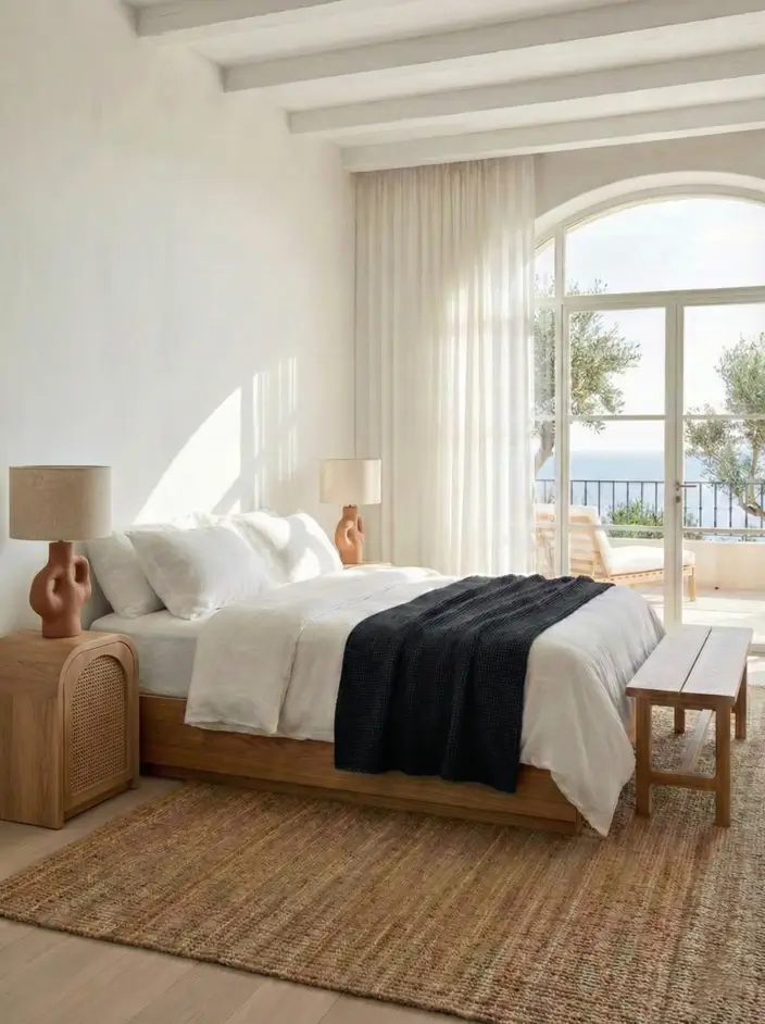 26 Modern Mediterranean Bedroom Ideas That Feel Calm, Warm, and Effortless 16 Organic terracotta table lamps and simple wood platform bed in a minimalist Mediterranean bedroom design.
