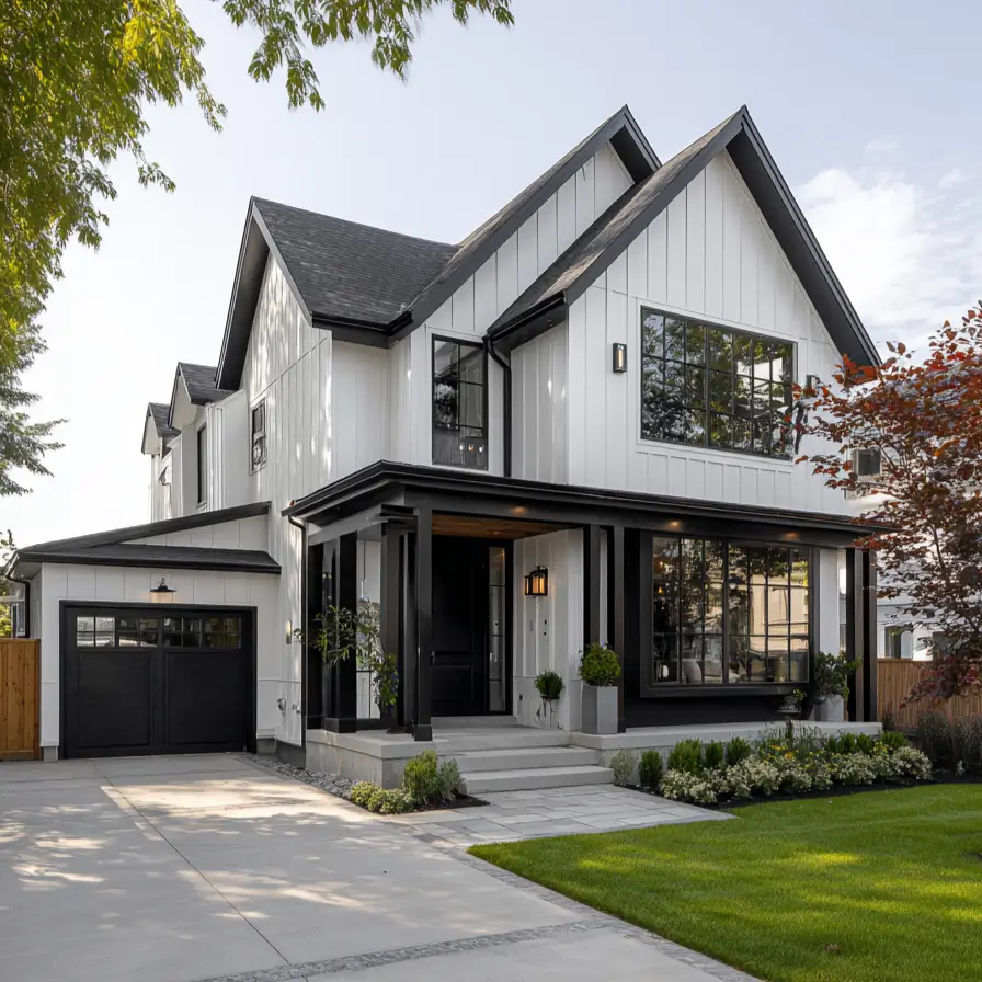 White Farmhouse With Black Trim: 34 Ideas for a Timeless Exterior 16 Sharp white farmhouse black window detailing against clean vertical siding and a concrete driveway.