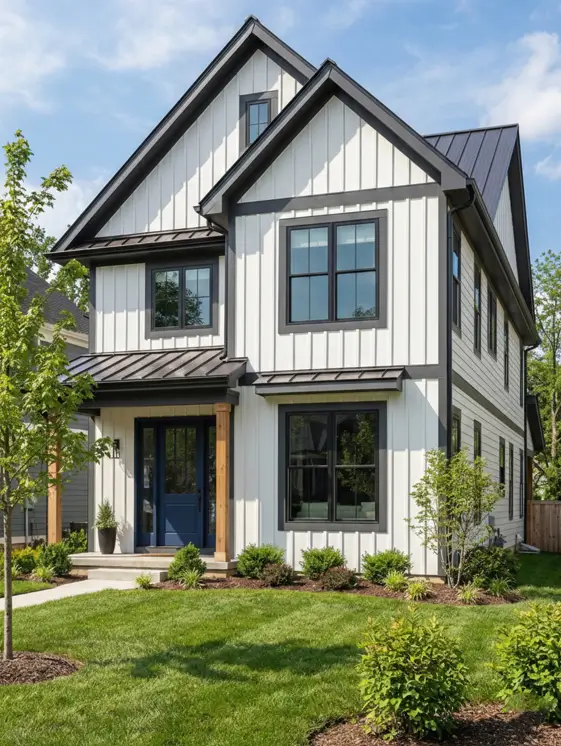 26 House with Board and Batten Siding Ideas for a Timeless Exterior 16 White house with board and batten siding featuring dark trim and a blue front door.