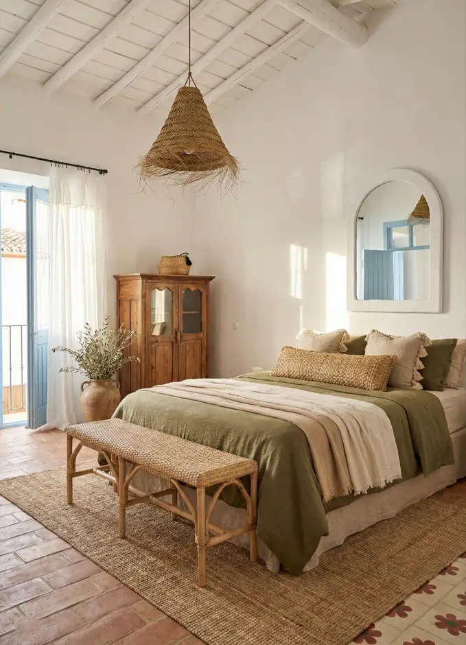 27 Modern Mediterranean Interior Design Ideas That Feel Effortlessly Chic 17 Peaceful bedroom embodying the Mediterranean aesthetic with olive green linens, classic terracotta floors, and a white arched mirror.