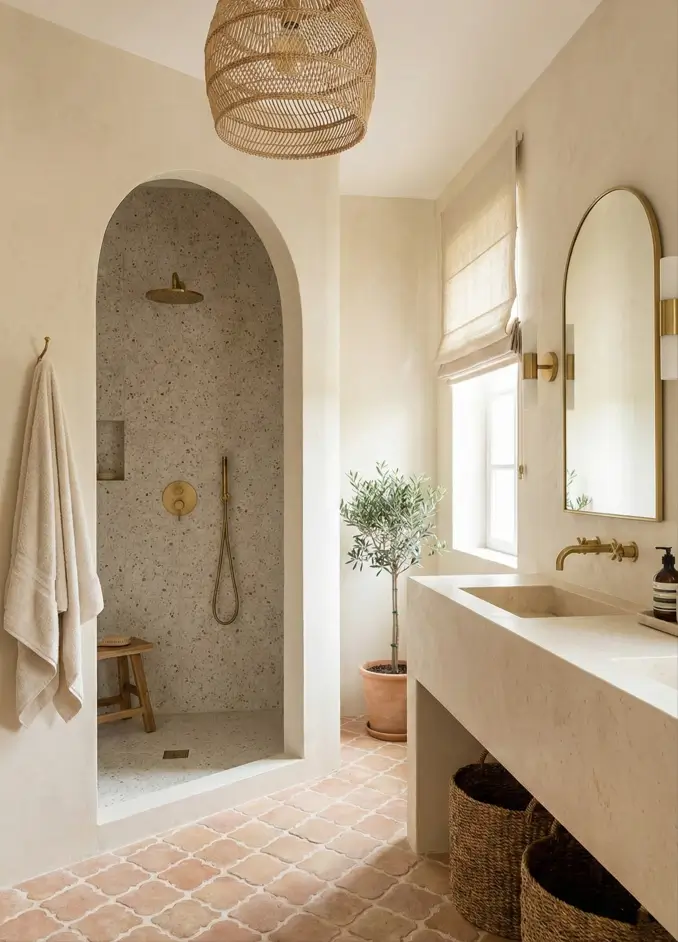 30 Mediterranean Bathroom Ideas for a Modern Coastal Escape 17 Sculptural Stone Vanity Serene modern Mediterranean bathroom centered around a massive limestone block vanity and terrazzo-lined shower arch.