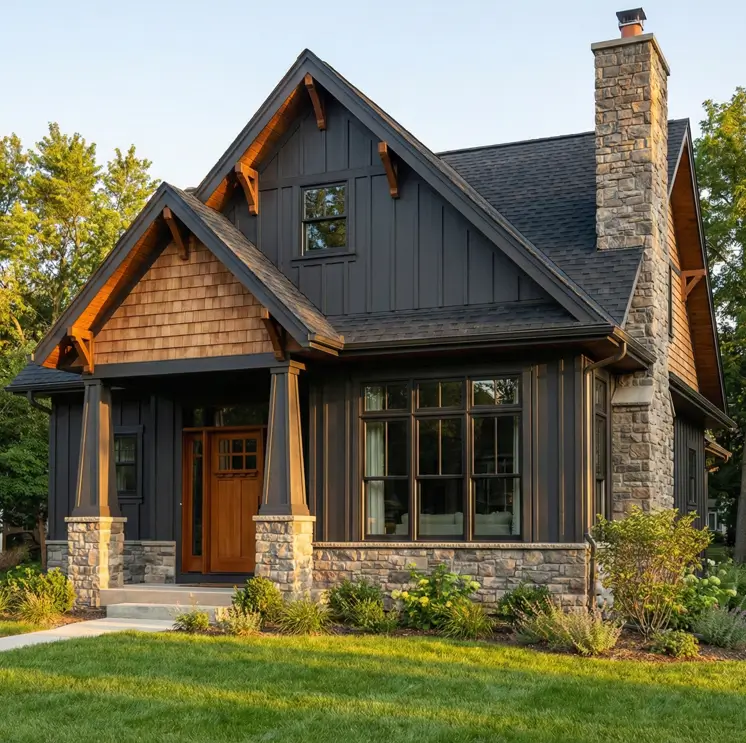 26 House with Board and Batten Siding Ideas for a Timeless Exterior 17 Dark charcoal house with board and batten siding mixed with cedar shake gables.