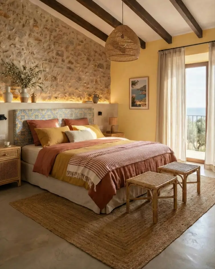 26 Modern Mediterranean Bedroom Ideas That Feel Calm, Warm, and Effortless 17 Vibrant azulejo tiled headboard contrasting with rustic stone walls in a textured Mediterranean bedroom.