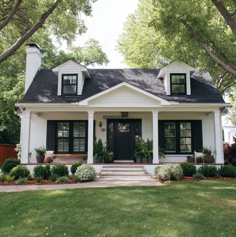 White Farmhouse With Black Trim: 34 Ideas for a Timeless Exterior 17 Symmetrical dormers and black shutters grounding the facade of a white farmhouse with black trim.