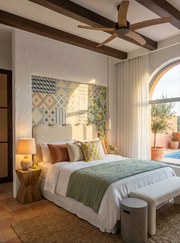 26 Modern Mediterranean Bedroom Ideas That Feel Calm, Warm, and Effortless 18 Eclectic modern Mediterranean bedroom featuring a mix of blue tiles, a lemon mural, and a scalloped headboard.