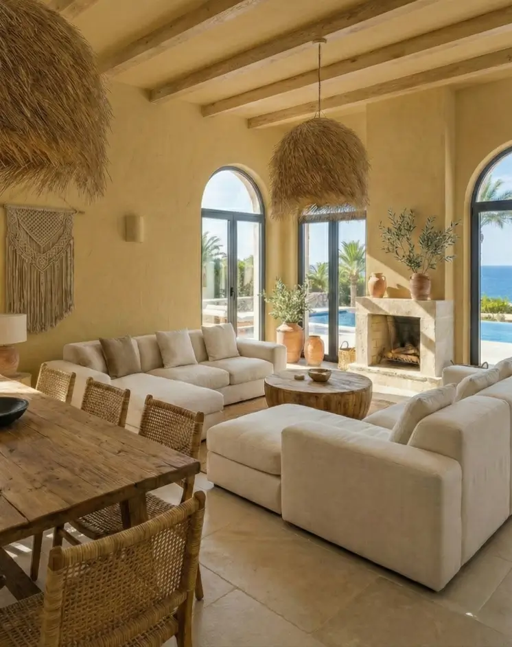 27 Modern Mediterranean Interior Design Ideas That Feel Effortlessly Chic 18 Spacious living room featuring warm yellow lime-wash walls and massive fringed woven pendants opening to a pool area.